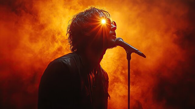 Orange spotlight male singer's profile, dramatic silhouette, live performance.