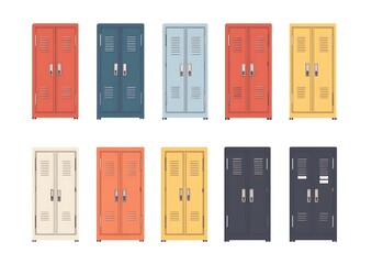 Various Colorful Metal Lockers Arranged in a Grid Formation
