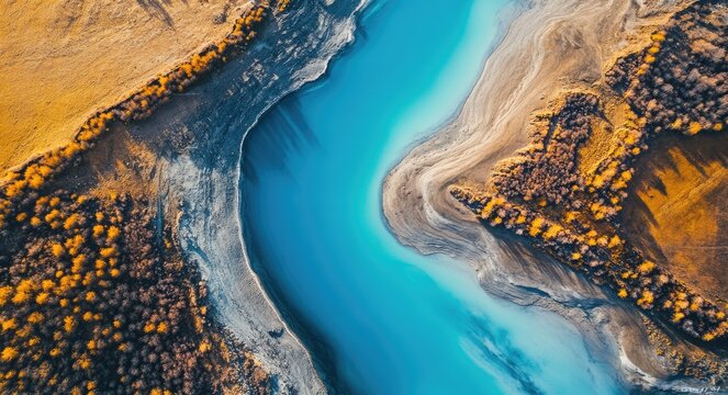 Aerial View: Haba Lake Separating Blue Water from Brown Woodland in Tibet