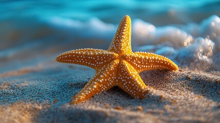 Orange starfish lies on a sandy seabed, a soothing summer seascape.