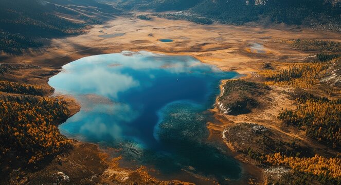 Aerial View of Haba Lake Separating Blue Water and Brown Woodland in Tibet