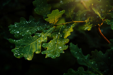 Water droplets on English oak leaves