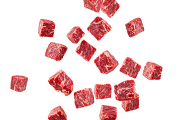 Scattered Cubes of Fresh Red Meat on a Black Background Capturing the Delicious Texture and Juiciness Ideal for Culinary Creations and Gourmet Dishes