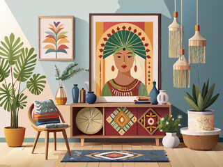 vector of Mock up poster frame in boho style decorated living room. Modern, authentic Interior design of living room with wooden furnitures. 3D illustration