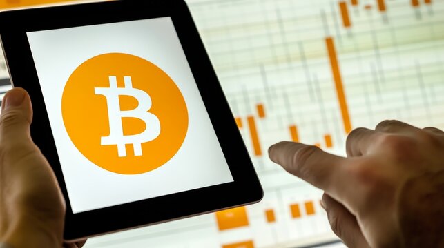 A person holding a tablet with a Bitcoin logo displayed, set against a backdrop of financial charts and data. 