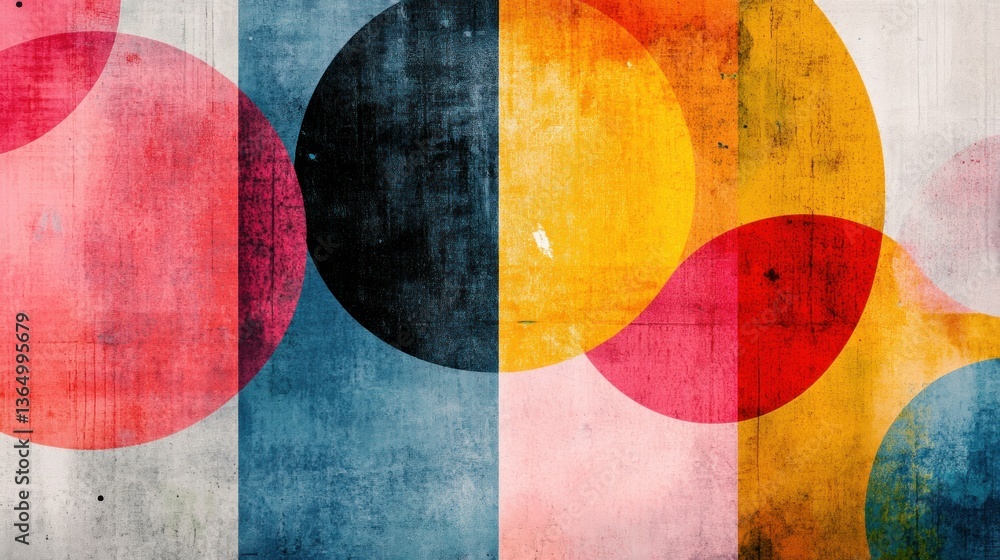 Poster abstract geometric composition featuring overlapping circles and rectangles in a vibrant and texture