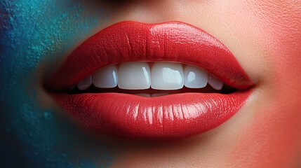 Fototapeta premium Perfect lips with lipstick, white teeth visible, on a colorful background, suggesting lip work.
