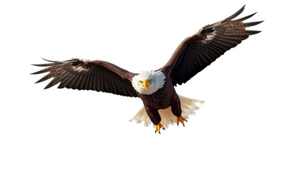 Fototapeta premium A majestic bald eagle soars gracefully through the sky, showcasing its striking wingspan and piercing gaze on Transparent background