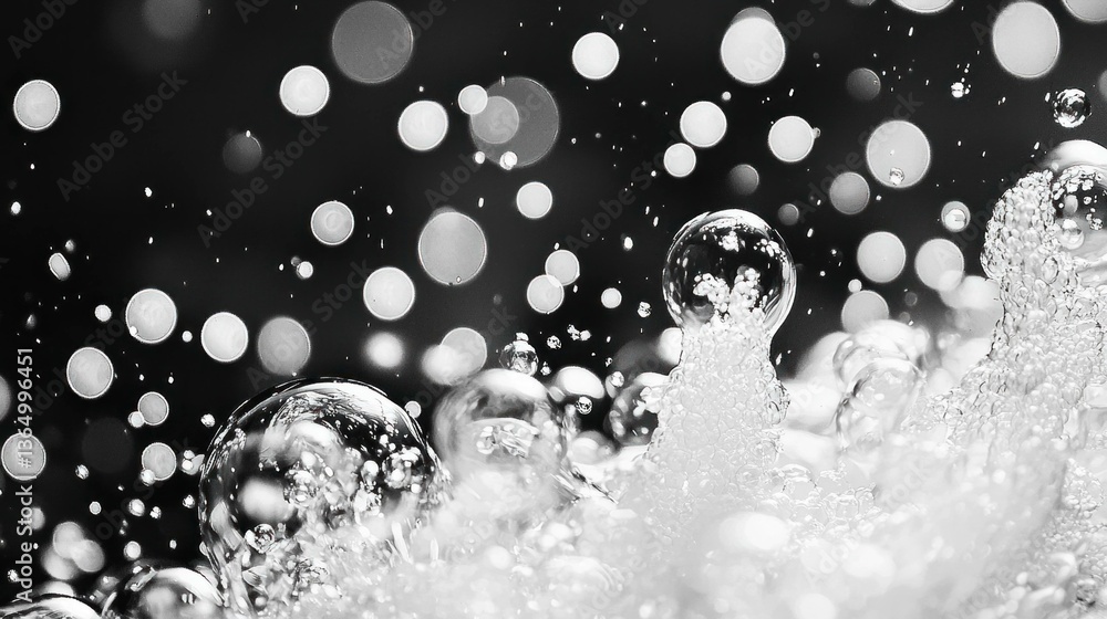 Poster abstract black and white water droplets creating a dynamic splash, showcasing bubbles and soft refle