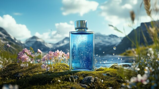 Bottle of perfume surrounded by flowers in nature