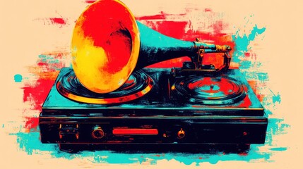 Vibrant vintage gramophone, artistic splash