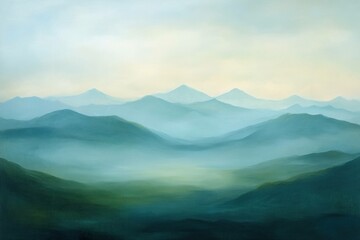 Serene Misty Landscape with Layered Blue Mountains and Soft Green Hills in a Calm Atmosphere