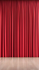 Deep red stage curtains in a theater on light wood floor