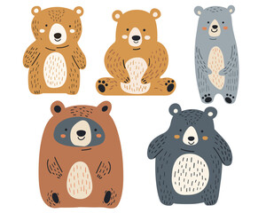 Clip art hand drawn vector illustration of a cute funny bears isolated objects on white background