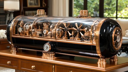 Intricate clockwork mechanism housed in a sleek, elongated casing