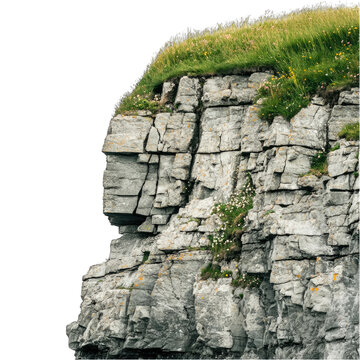 A steep cliff face with grass and rocks in ireland isolated on transparent background