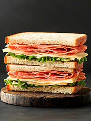 Delicious layered sandwich on a wooden board