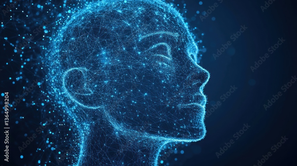 Poster digital human head constructed with glowing dots and interconnected lines symbolizing artificial int