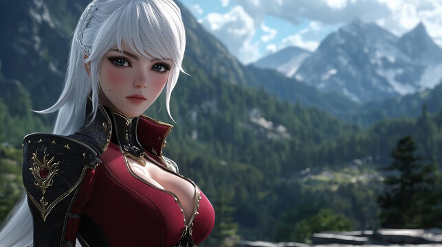 Elegant anime character with long silver hair in a detailed red outfit poses against a breathtaking mountain landscape during daylight