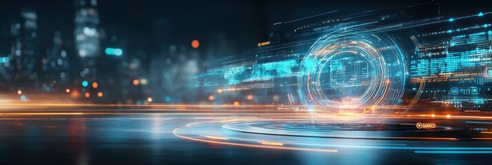 Fototapeta premium Futuristic cityscape with glowing digital interface elements