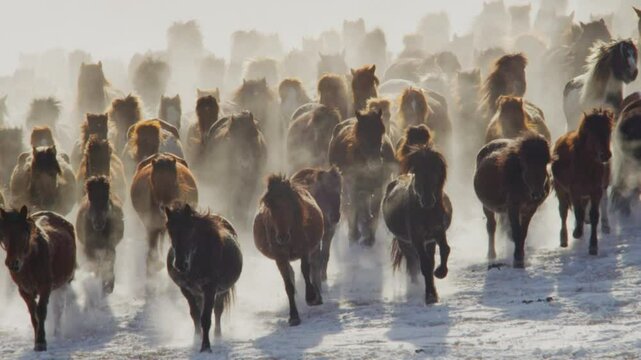 A powerful herd of Mongolian horses charges head-on through a snowy landscape, stirring up frost and steam in the freezing air of Inner Mongolia&rsquo;s winter plains.