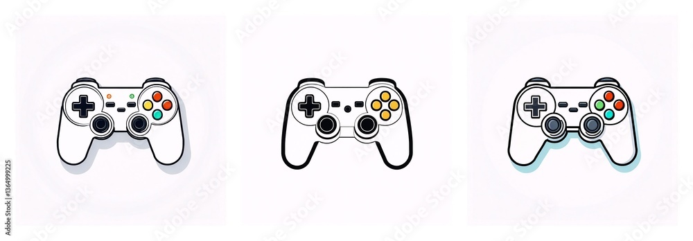 Poster Three white game controllers are depicted with variations in button colors and outline styles, presented on a clean white backdrop.