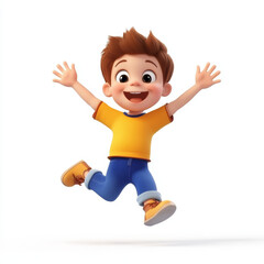 cheerful 3D illustration of young boy in playful style, expressing joy and excitement with arms raised high