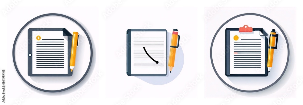 Poster three icons depict document creation and editing. one on tablet, one on notebook, and one on clipboa