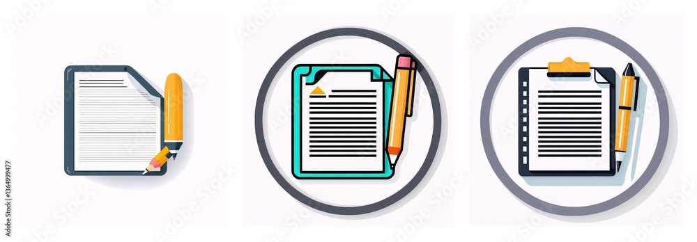 Poster three icons showing a document with lines and a writing tool, representing writing, editing, or note