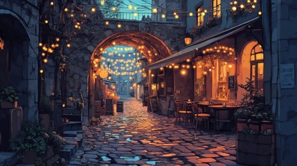 Fototapeta premium romantic evening in a quiet old european alleyway with cafe lights illuminating cobblestone streets and historic buildings at twilight