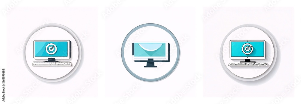 Aufkleber Three circular icons showcase computer monitors. Two monitors display a target icon, while the central one shows a wavy line. Keyboards are attached.