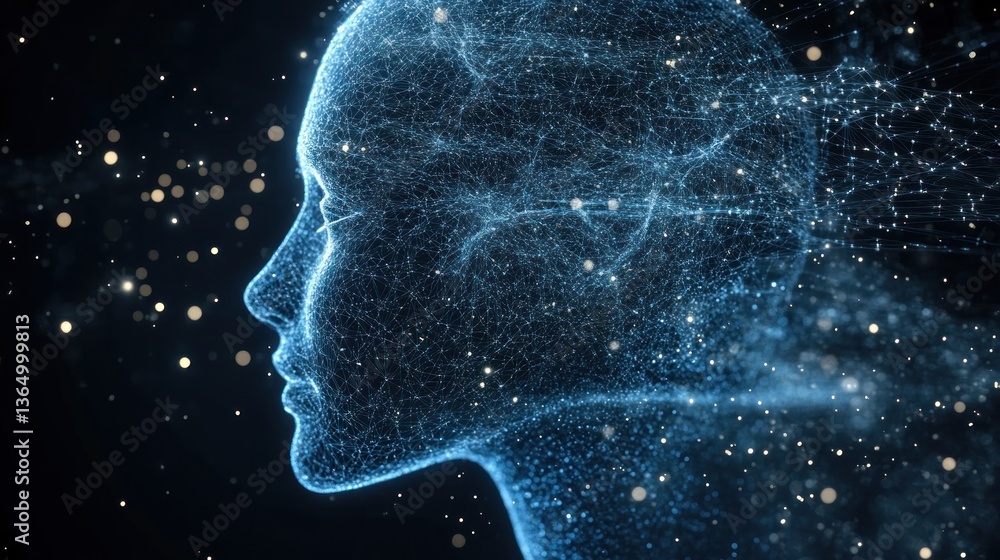 Poster humanoid head formed from luminous digital networks and interconnected points conveying artificial i