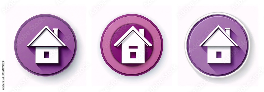 Poster three purple circular icons showcase a simple white house symbol, each with slight color variations 