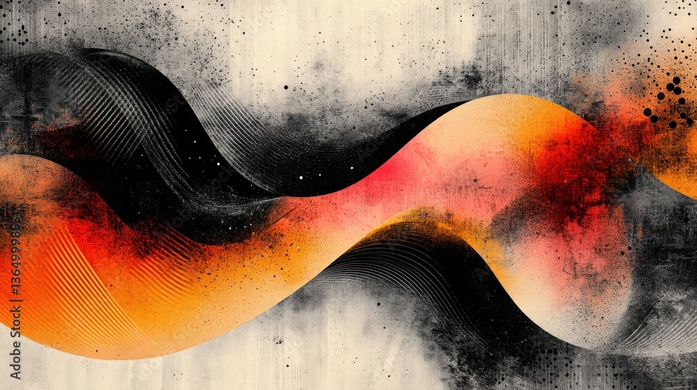 Poster abstract wavy landscape art with dark textured background and warm color waves creating a surreal an