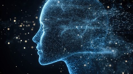 humanoid head formed from luminous digital networks and interconnected points conveying artificial intelligence and futuristic concepts