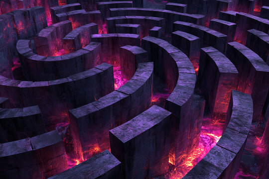 Overhead view of a complex stone maze with glowing pink and orange lava filling its pathways, creating a mysterious and intricate design, symbolizing challenge and complexity