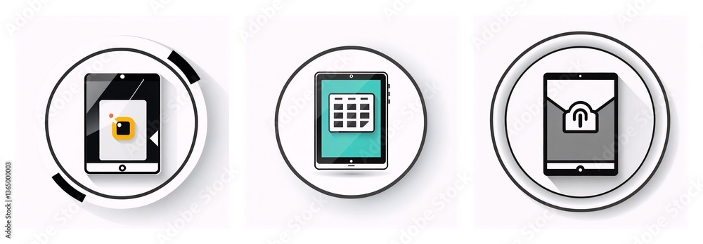 Aufkleber three icons show tablets displaying an eye, calendar, and lock. these represent digital device featu