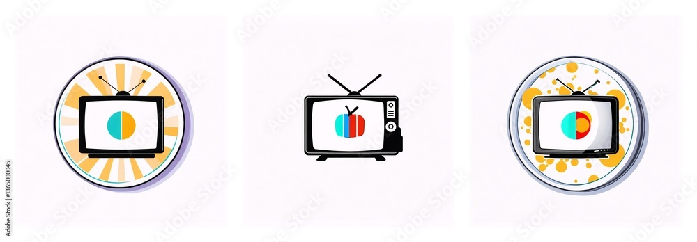 Poster three vintage televisions with antennas are displayed. each tv screen shows different color combinat