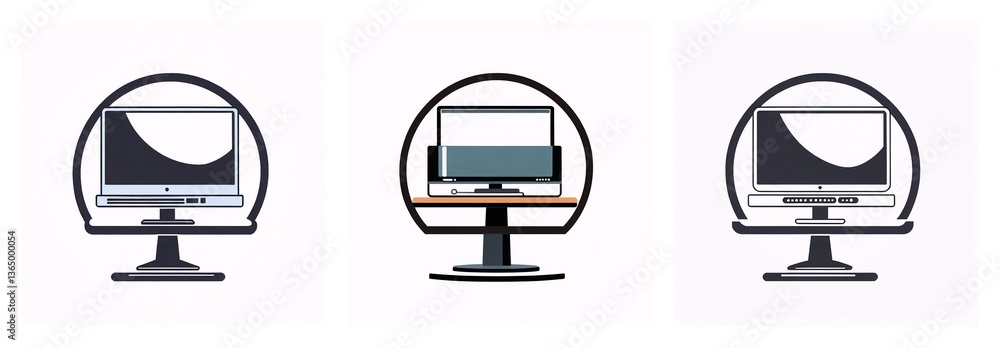 Poster three circular icons showcase desktop computer monitors with stands in a simple, flat design style a
