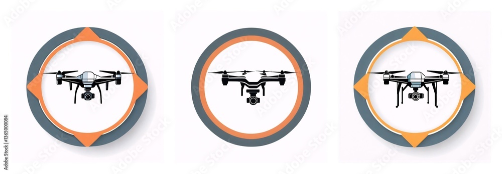Poster three circular icons showcase a drone with camera, each framed by gray and orange arrow shapes. the 