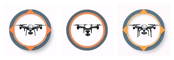 Obraz premium Three circular icons showcase a drone with camera, each framed by gray and orange arrow shapes. The drones are centered within the circles.