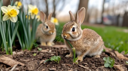 Fototapeta premium Adorable Baby Bunnies Eating Spring Greenery in Garden with Yellow Daffodils on Sunny Day