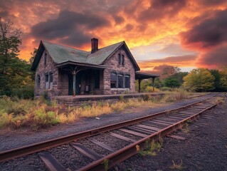 Rustic stone train station golden hour abandoned tracks orange sky with heavy clouds nostalgic and moody vibe