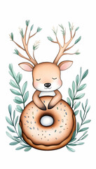 Obraz premium Cute cartoon deer hugging a large donut amidst greenery