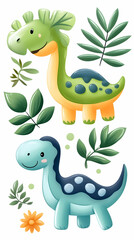 Obraz premium Cute cartoon dinosaurs and tropical leaves