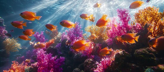 Obraz premium Orange fish swimming among colorful coral reefs underwater in sunlight