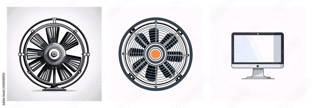 Poster three isolated icons showcasing a standing fan with silver and black elements, a circular vent fan, 
