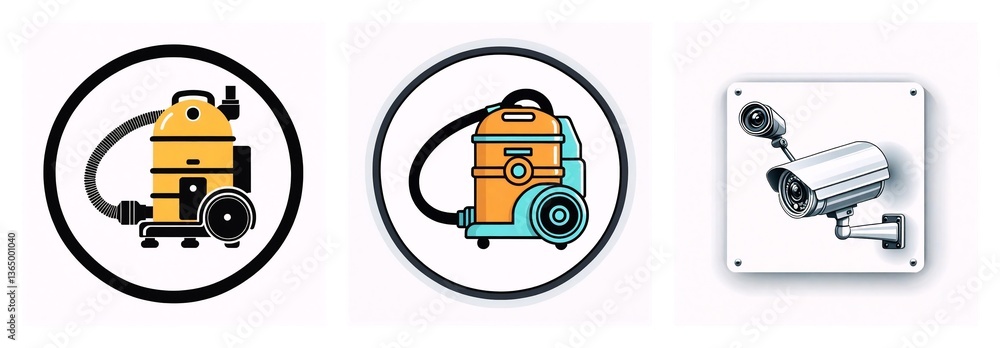 Poster three icons present cleaning and security equipment. two circular icons feature canister vacuums wit