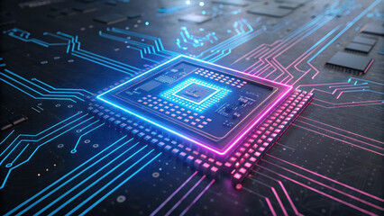 Fototapeta premium glowing microchip with neon blue pink circuits on dark circuit board, showcasing futuristic technology
