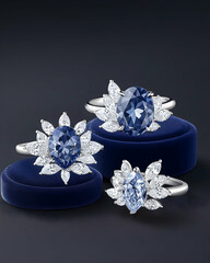 Elegant blue gemstone rings with diamond accents on velvet boxes